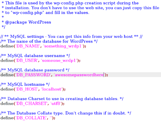 Detalles de la base de datos de WordPress en wp-config.php