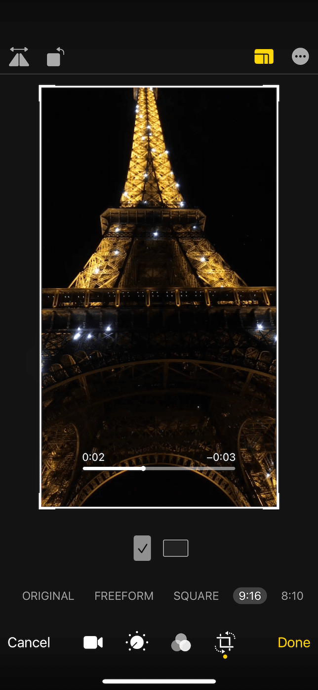 Captura de pantalla de un recorte de video 9:6 en la aplicación Fotos para iOS.