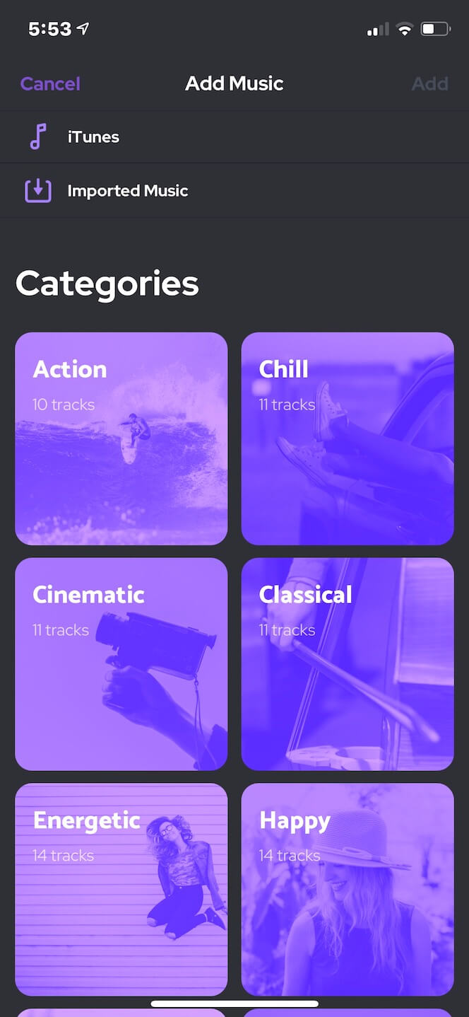Captura de pantalla que muestra cómo agregar música con la aplicación Agregar música de fondo a video